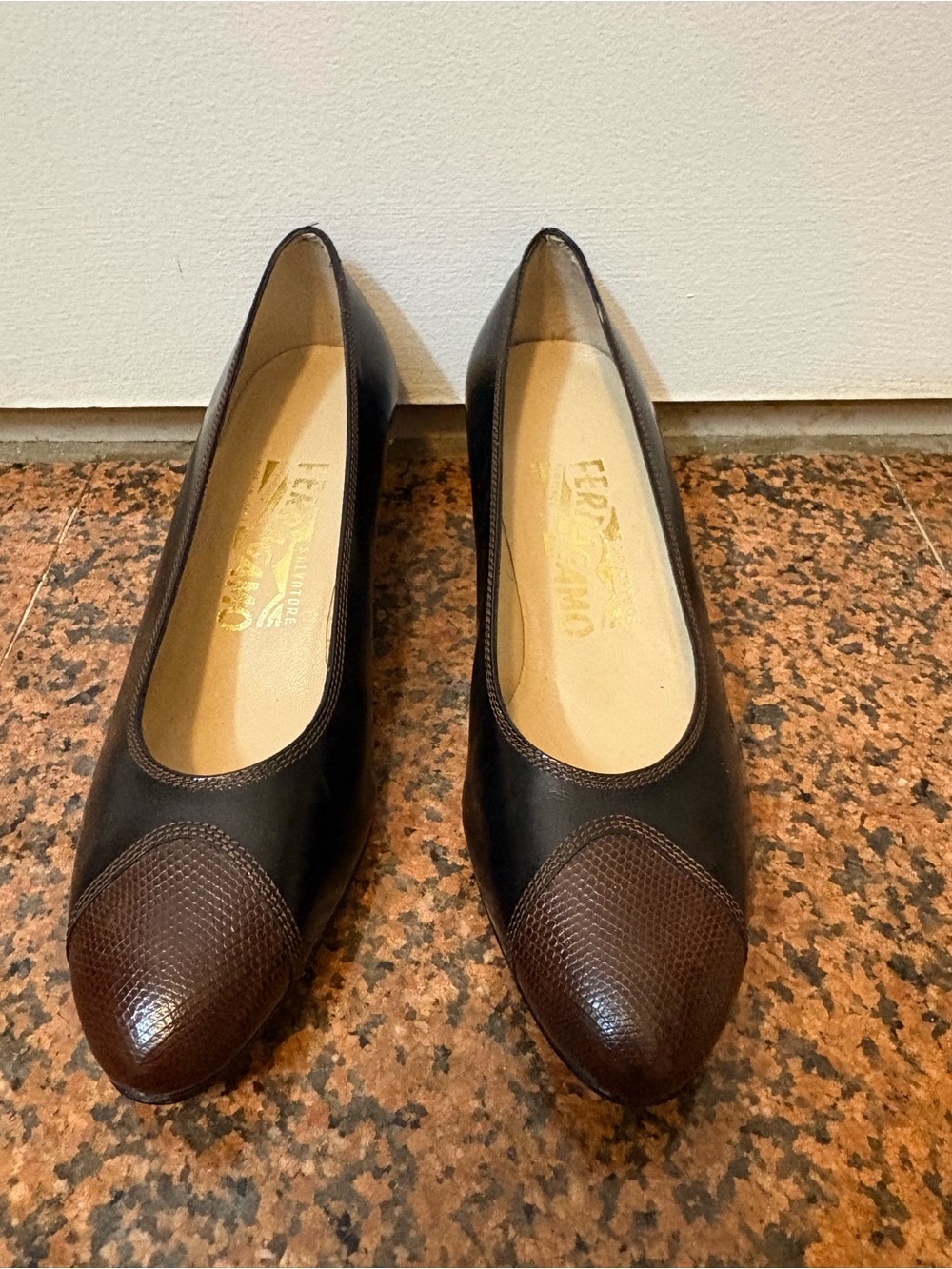 Salvatore Ferragamo Black and Brown Leather Cap-Toe Pumps 36/6